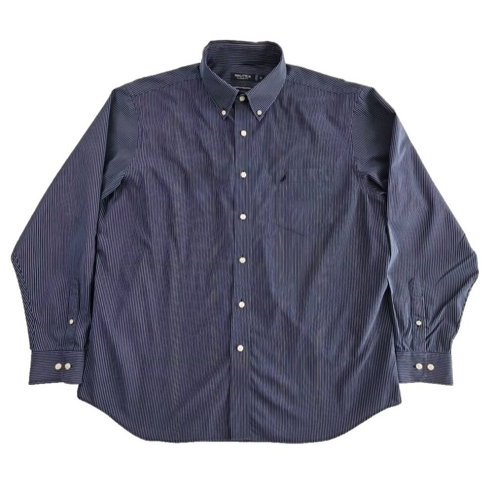 Nautica Classic Fit Wrinkle Resistant Shirt Men's XL Navy Blue Pin Stripe EUC
